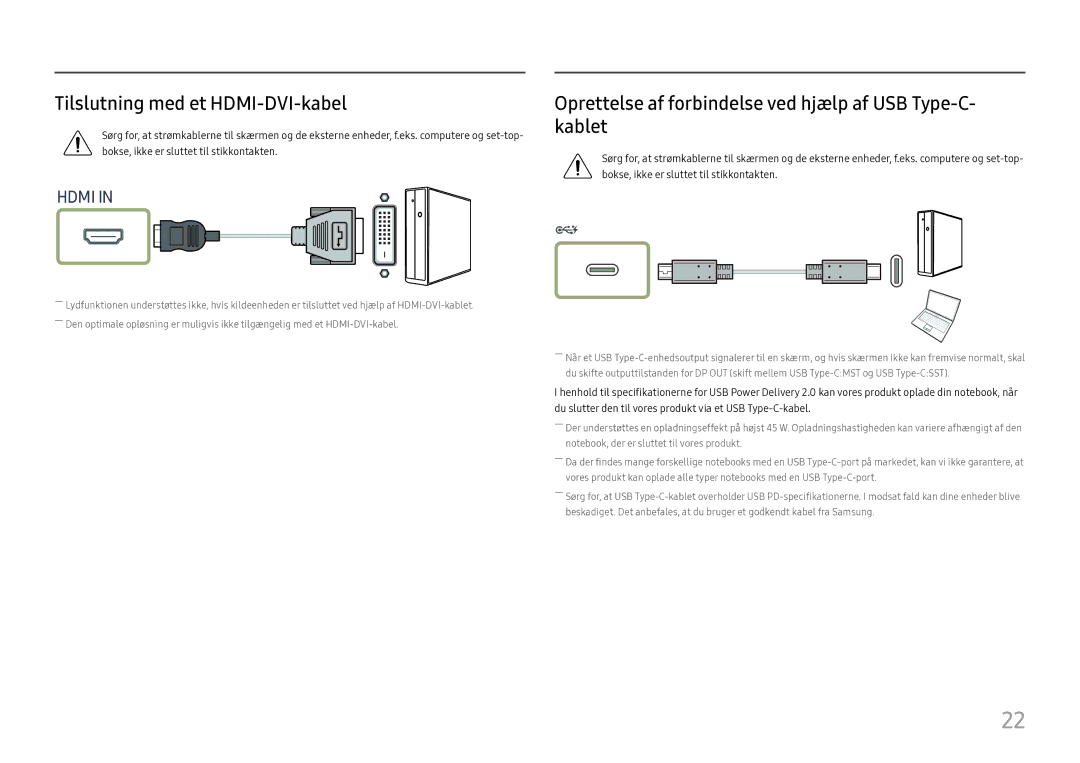 Samsung LC27H800FCUXEN manual Tilslutning med et HDMI-DVI-kabel, Oprettelse af forbindelse ved hjælp af USB Type-C- kablet 