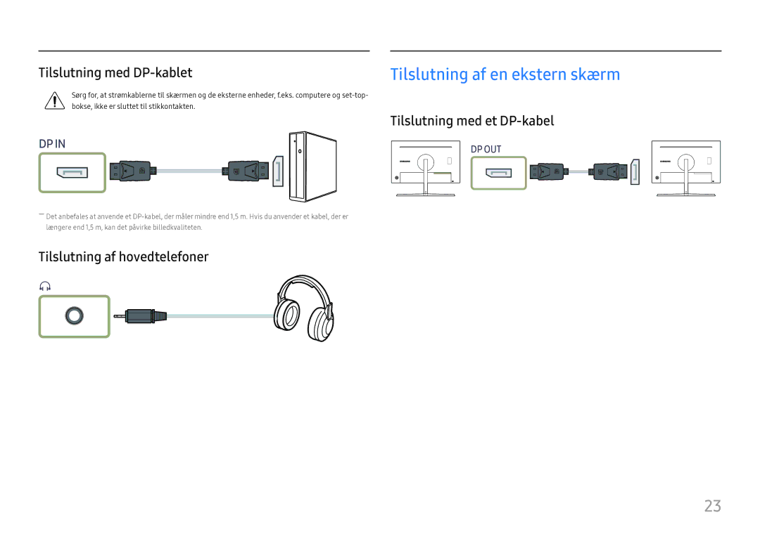 Samsung LC27H800FCUXEN manual Tilslutning med DP-kablet, Tilslutning med et DP-kabel, Tilslutning af hovedtelefoner 