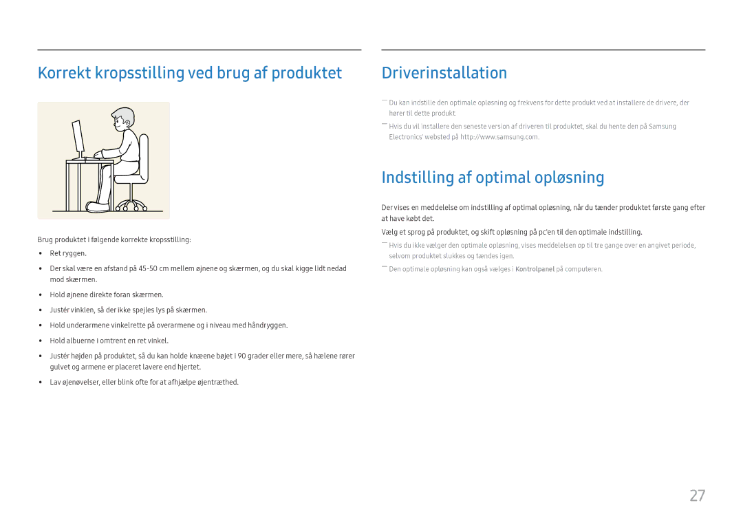 Samsung LC27H800FCUXEN Korrekt kropsstilling ved brug af produktet, Driverinstallation, Indstilling af optimal opløsning 