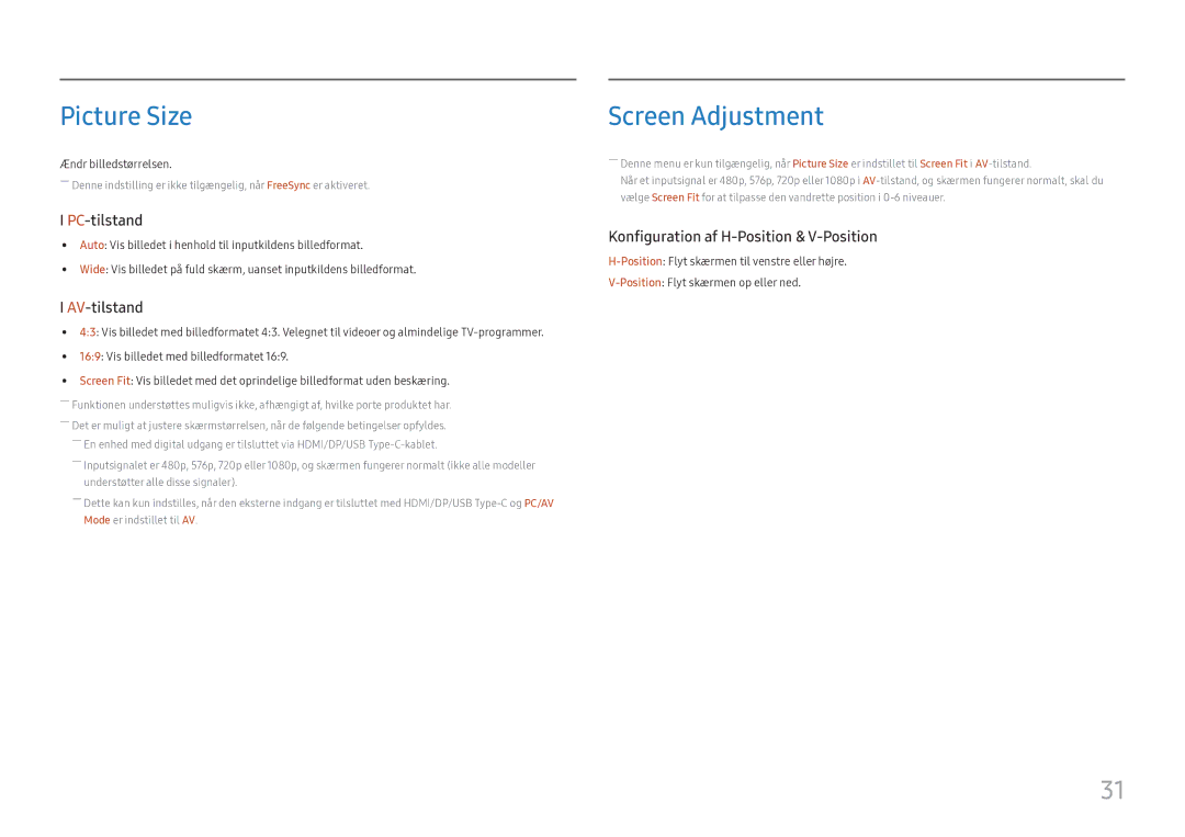 Samsung LC27H800FCUXEN manual Picture Size, Screen Adjustment 