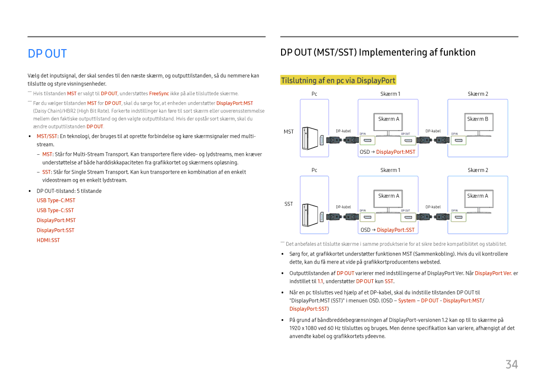 Samsung LC27H800FCUXEN manual Dp Out, DP OUT MST/SST Implementering af funktion 