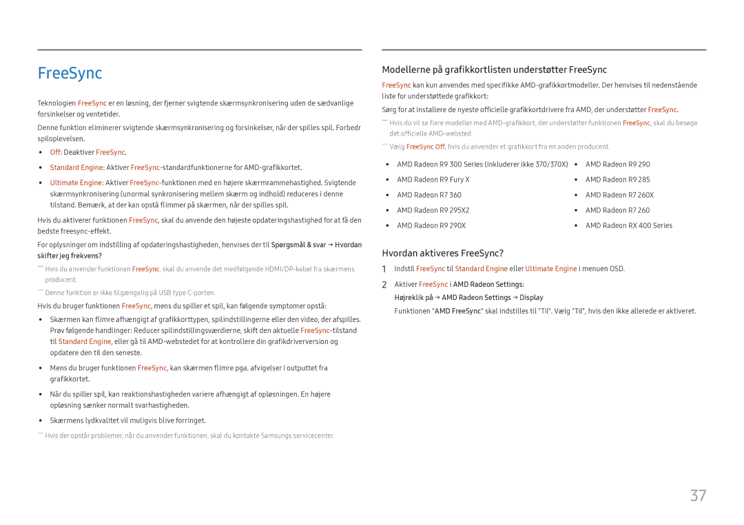 Samsung LC27H800FCUXEN manual Modellerne på grafikkortlisten understøtter FreeSync 