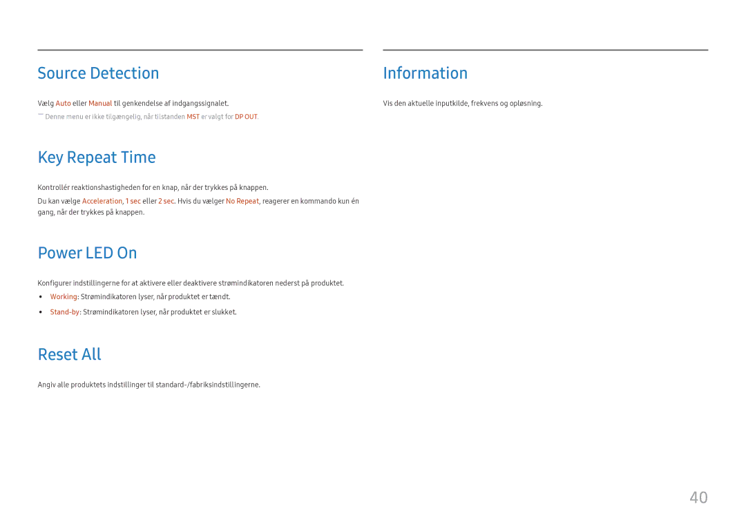 Samsung LC27H800FCUXEN manual Source Detection Information, Key Repeat Time, Power LED On, Reset All 