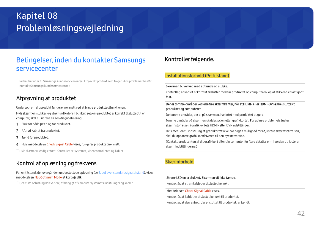 Samsung LC27H800FCUXEN manual Problemløsningsvejledning, Betingelser, inden du kontakter Samsungs servicecenter 