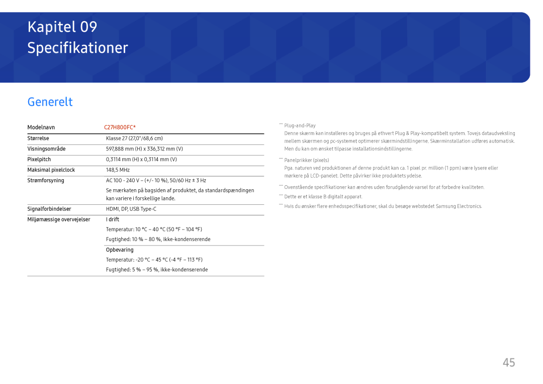Samsung LC27H800FCUXEN manual Specifikationer, Generelt 