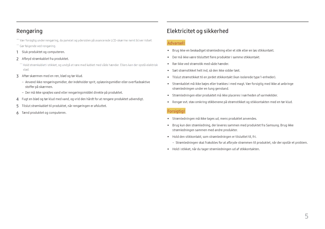 Samsung LC27H800FCUXEN manual Rengøring, Elektricitet og sikkerhed 