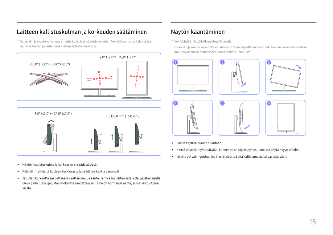 Samsung LC27H800FCUXEN manual Laitteen kallistuskulman ja korkeuden säätäminen, Näytön kääntäminen 