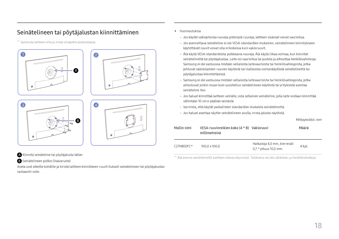 Samsung LC27H800FCUXEN manual Seinätelineen tai pöytäjalustan kiinnittäminen 