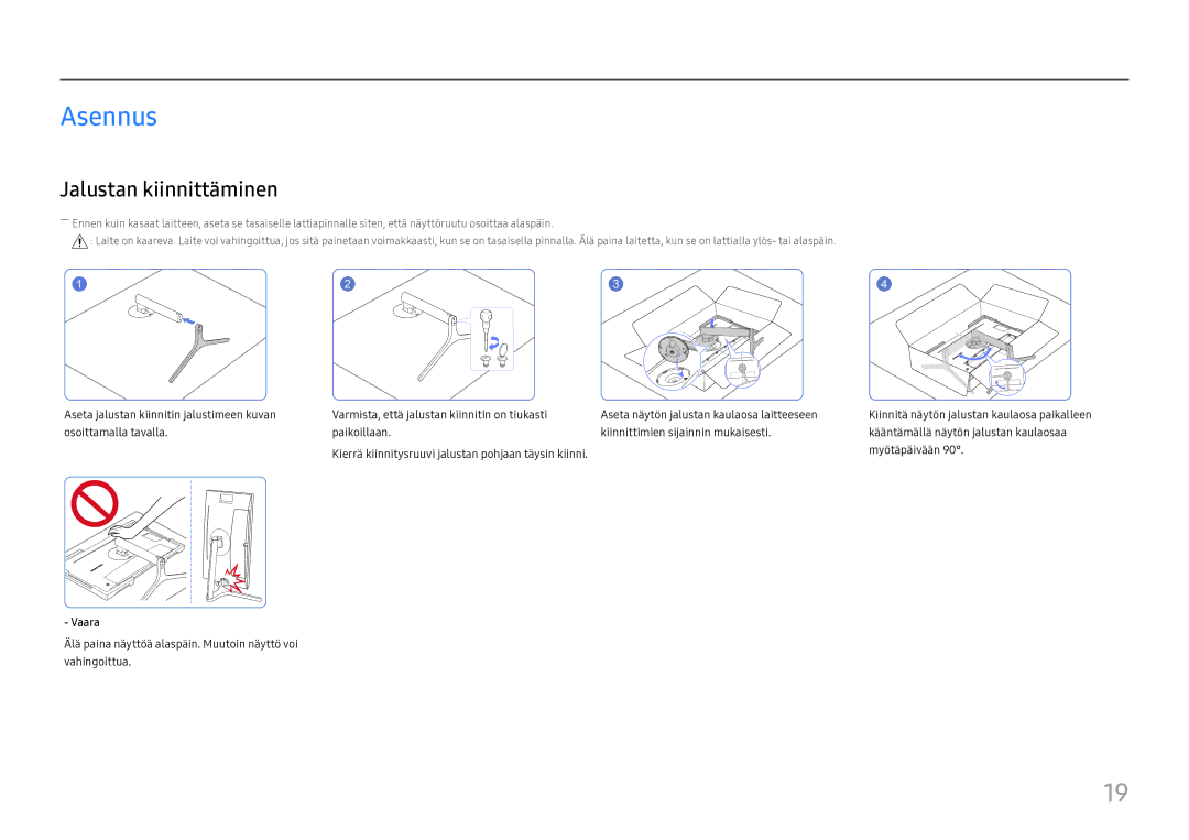 Samsung LC27H800FCUXEN manual Asennus, Jalustan kiinnittäminen 