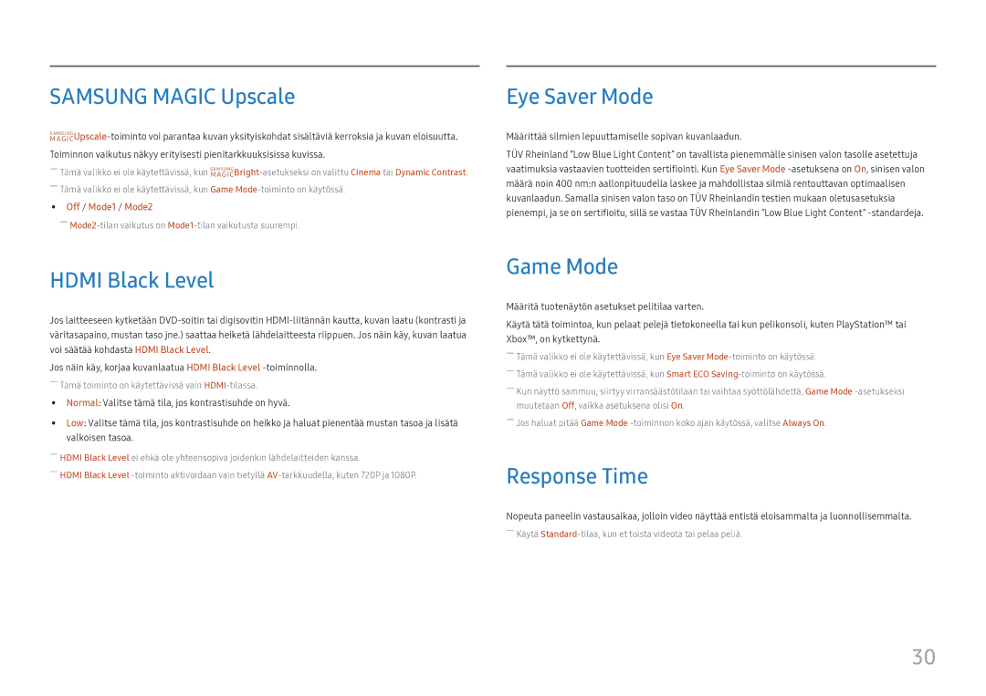 Samsung LC27H800FCUXEN manual Samsung Magic Upscale, Hdmi Black Level, Eye Saver Mode, Game Mode, Response Time 