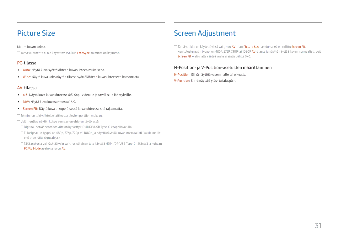 Samsung LC27H800FCUXEN manual Picture Size, Screen Adjustment 