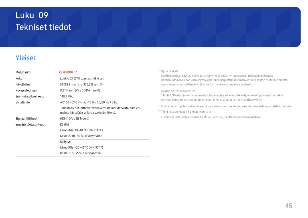 Samsung LC27H800FCUXEN manual Tekniset tiedot, Yleiset 