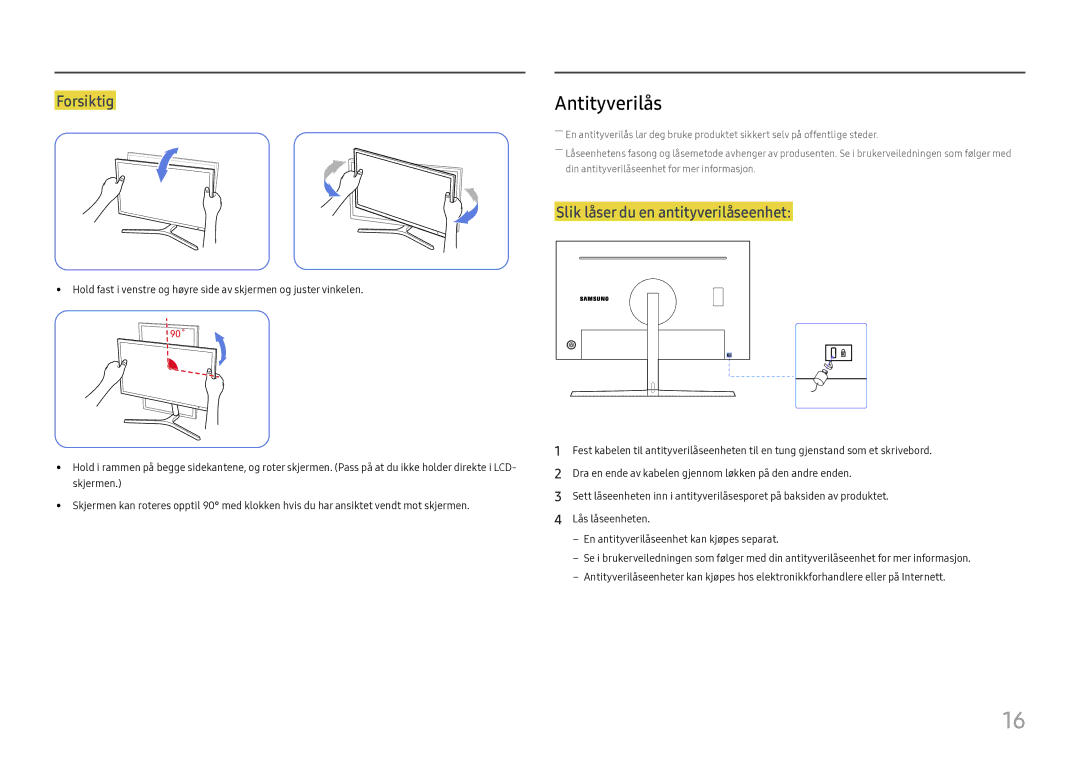 Samsung LC27H800FCUXEN manual Antityverilås, Forsiktig 