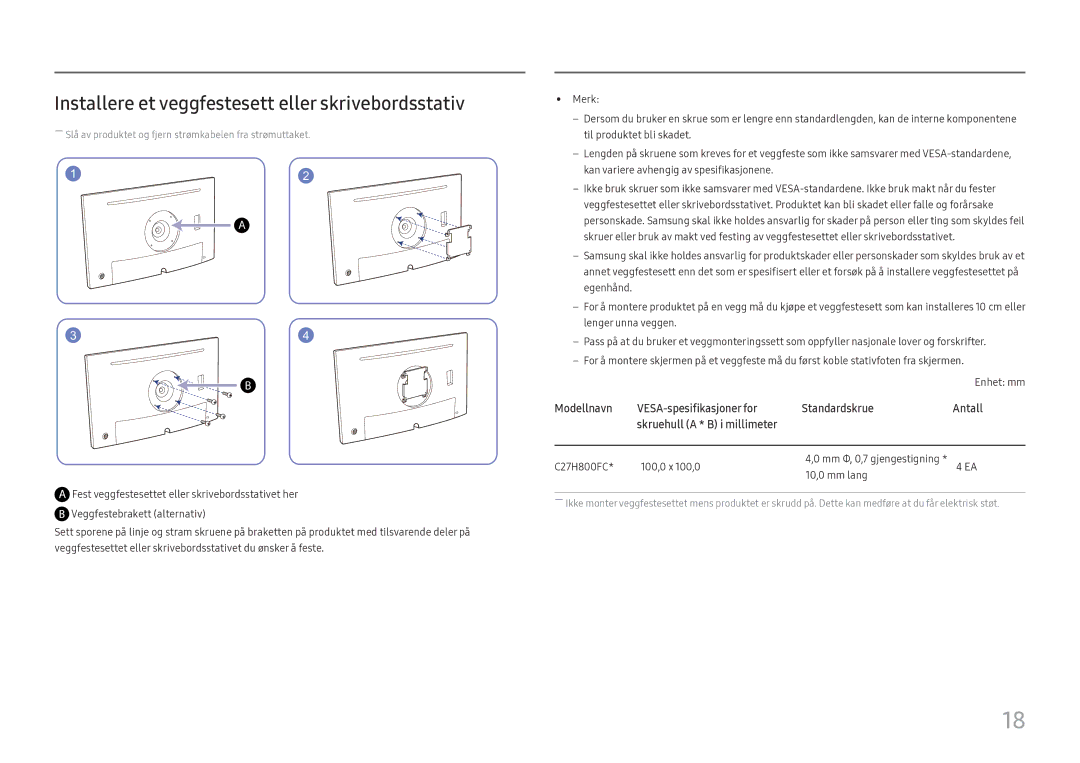 Samsung LC27H800FCUXEN manual Installere et veggfestesett eller skrivebordsstativ 