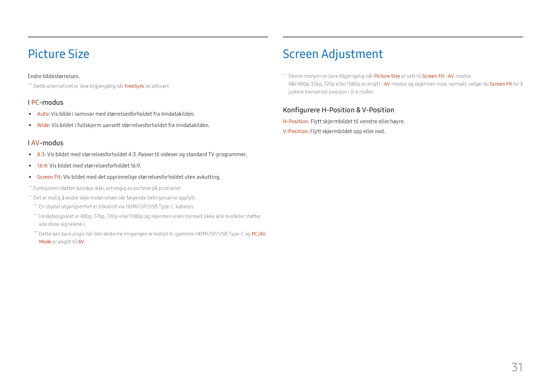 Samsung LC27H800FCUXEN manual Picture Size, Screen Adjustment 