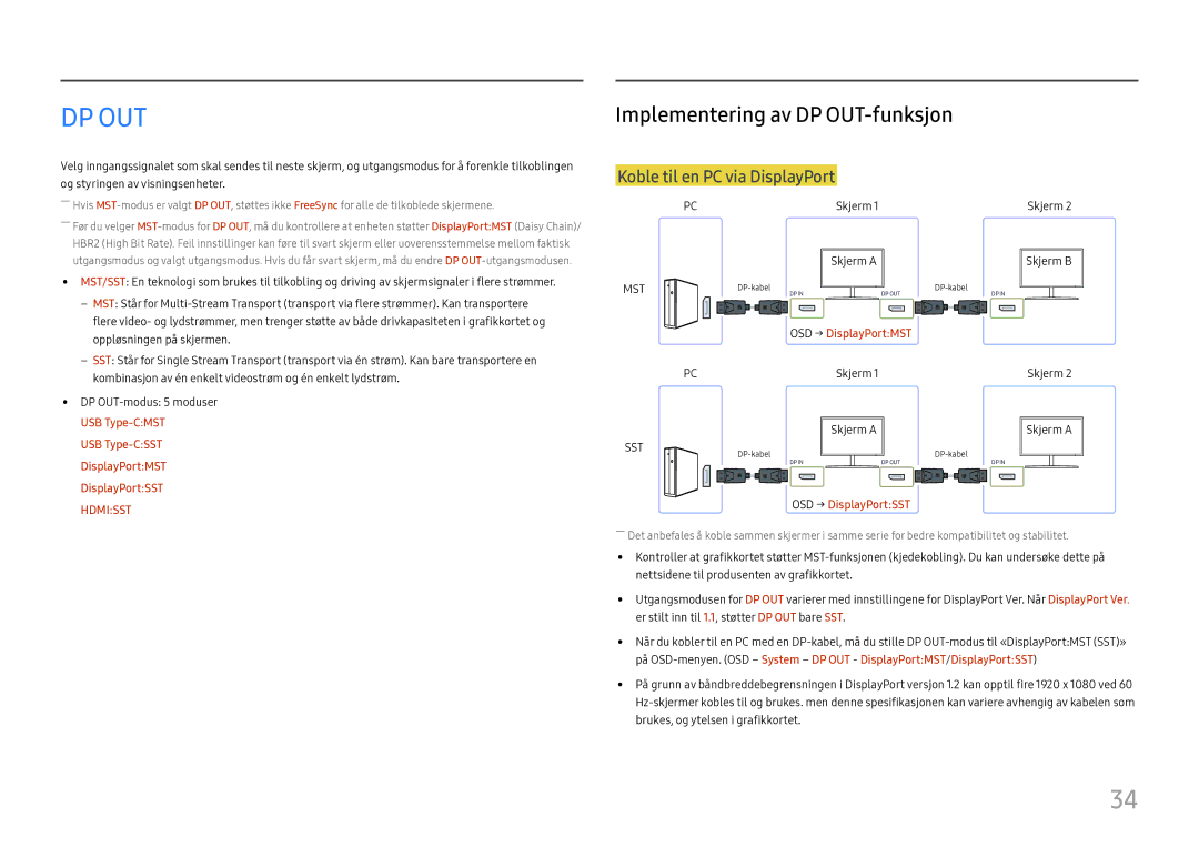 Samsung LC27H800FCUXEN manual Dp Out, Implementering av DP OUT-funksjon 