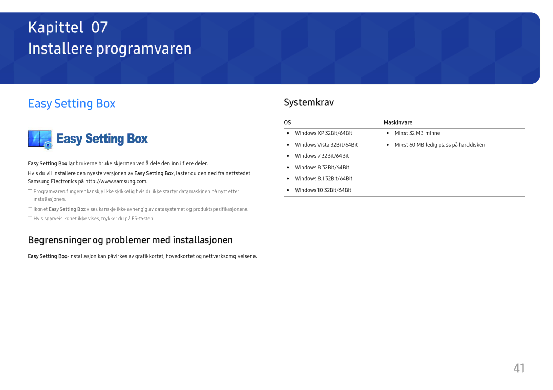 Samsung LC27H800FCUXEN manual Installere programvaren, Easy Setting Box, Begrensninger og problemer med installasjonen 