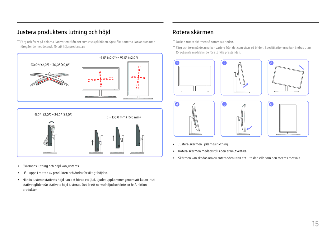 Samsung LC27H800FCUXEN manual Justera produktens lutning och höjd, Rotera skärmen 