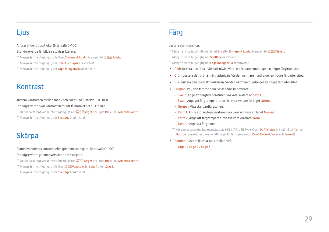 Samsung LC27H800FCUXEN manual Ljus, Kontrast, Skärpa, Färg 