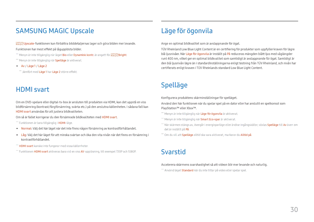 Samsung LC27H800FCUXEN manual Samsung Magic Upscale, Hdmi svart, Läge för ögonvila, Spelläge, Svarstid 