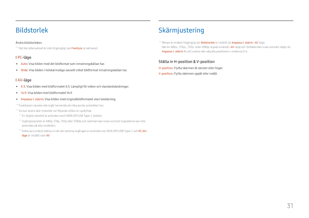 Samsung LC27H800FCUXEN manual Bildstorlek, Skärmjustering 