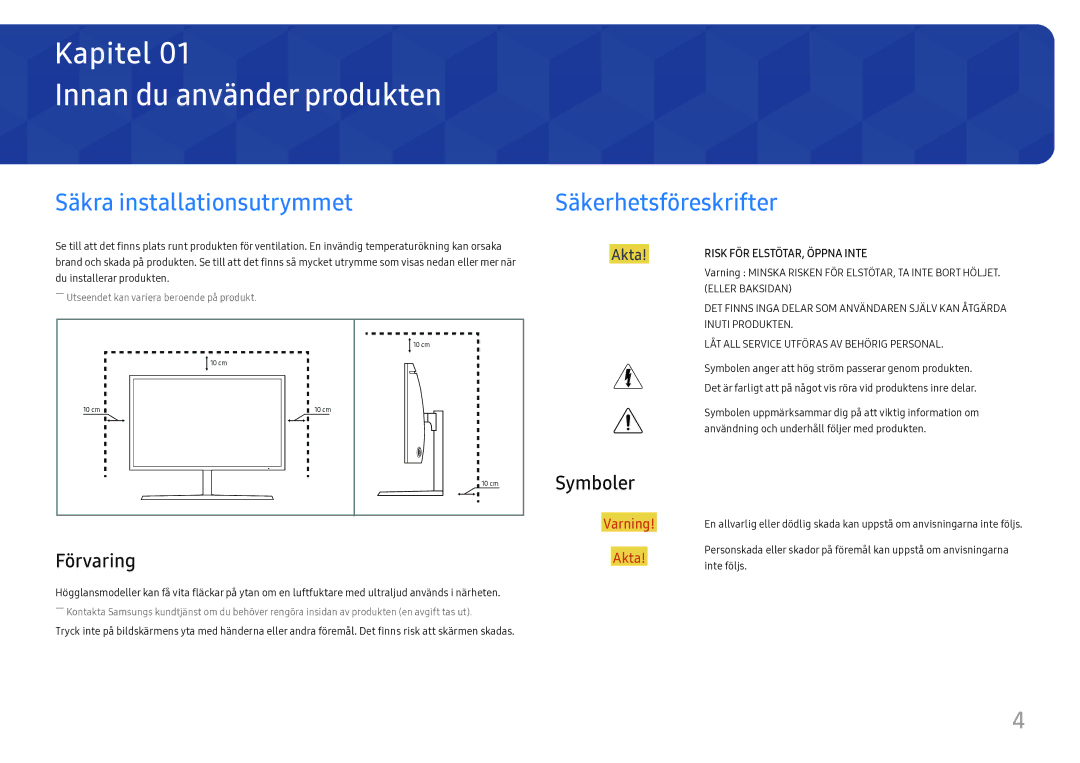 Samsung LC27H800FCUXEN manual Innan du använder produkten, Säkra installationsutrymmet, Säkerhetsföreskrifter, Förvaring 