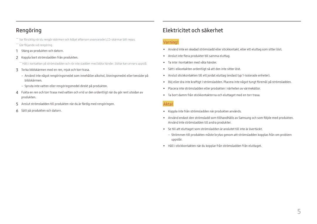 Samsung LC27H800FCUXEN manual Rengöring, Elektricitet och säkerhet 