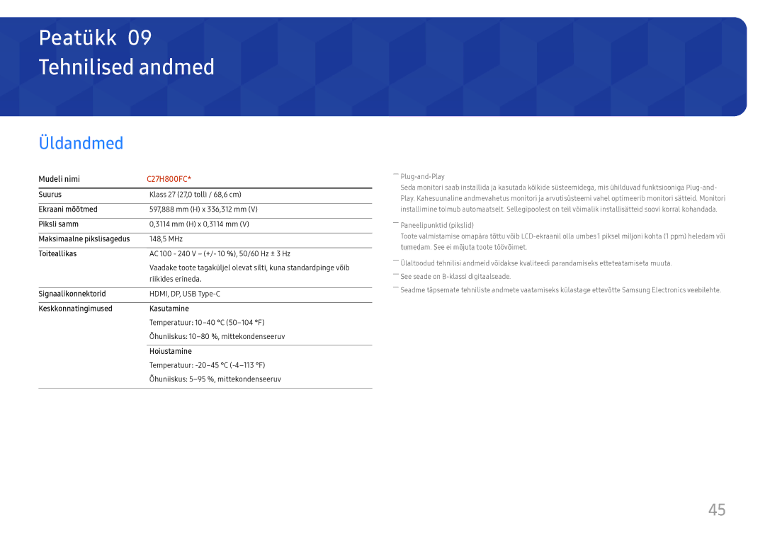 Samsung LC27H800FCUXEN manual Tehnilised andmed, Üldandmed 