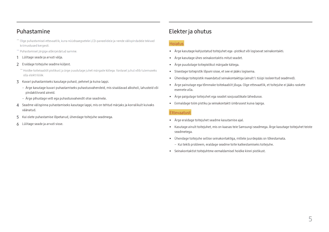 Samsung LC27H800FCUXEN manual Puhastamine, Elekter ja ohutus 