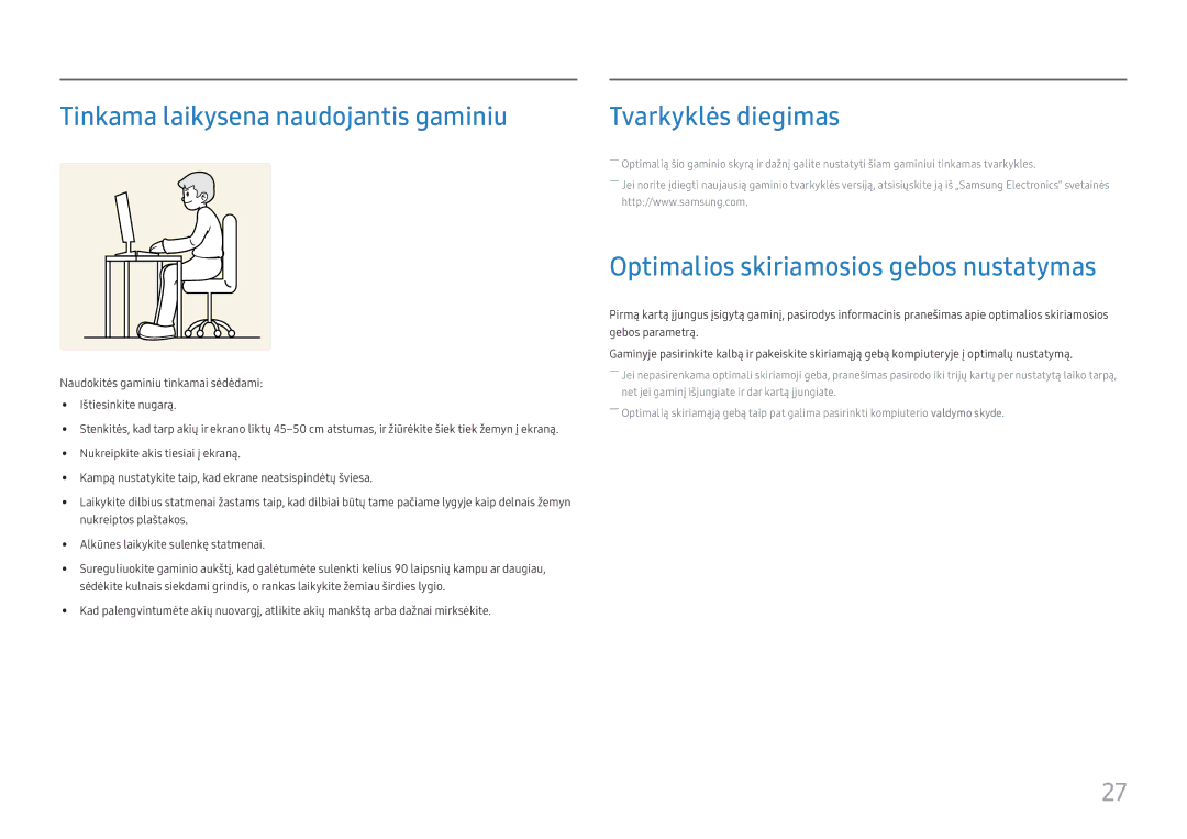 Samsung LC27H800FCUXEN manual Tinkama laikysena naudojantis gaminiu, Optimalios skiriamosios gebos nustatymas 