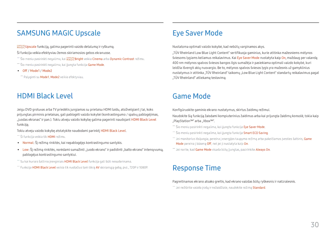 Samsung LC27H800FCUXEN manual Samsung Magic Upscale, Eye Saver Mode, Hdmi Black Level, Game Mode, Response Time 