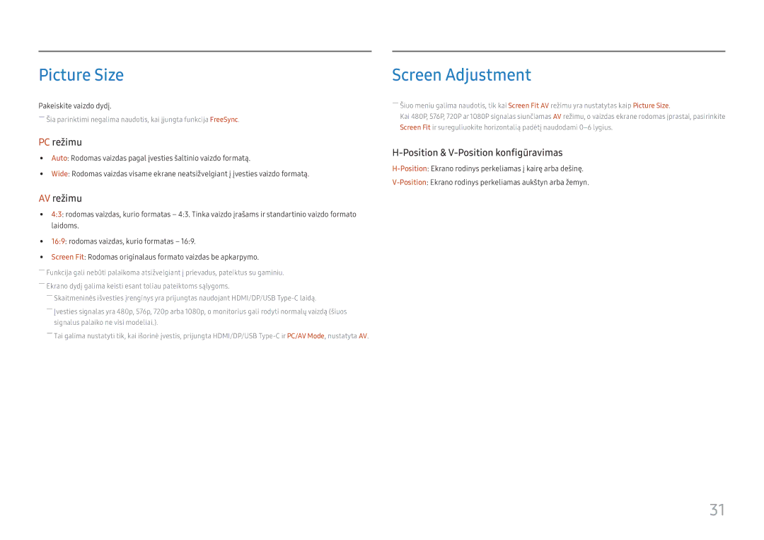 Samsung LC27H800FCUXEN manual Picture Size, Screen Adjustment 