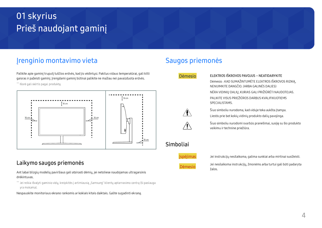 Samsung LC27H800FCUXEN manual Prieš naudojant gaminį, Įrenginio montavimo vieta, Saugos priemonės, Laikymo saugos priemonės 