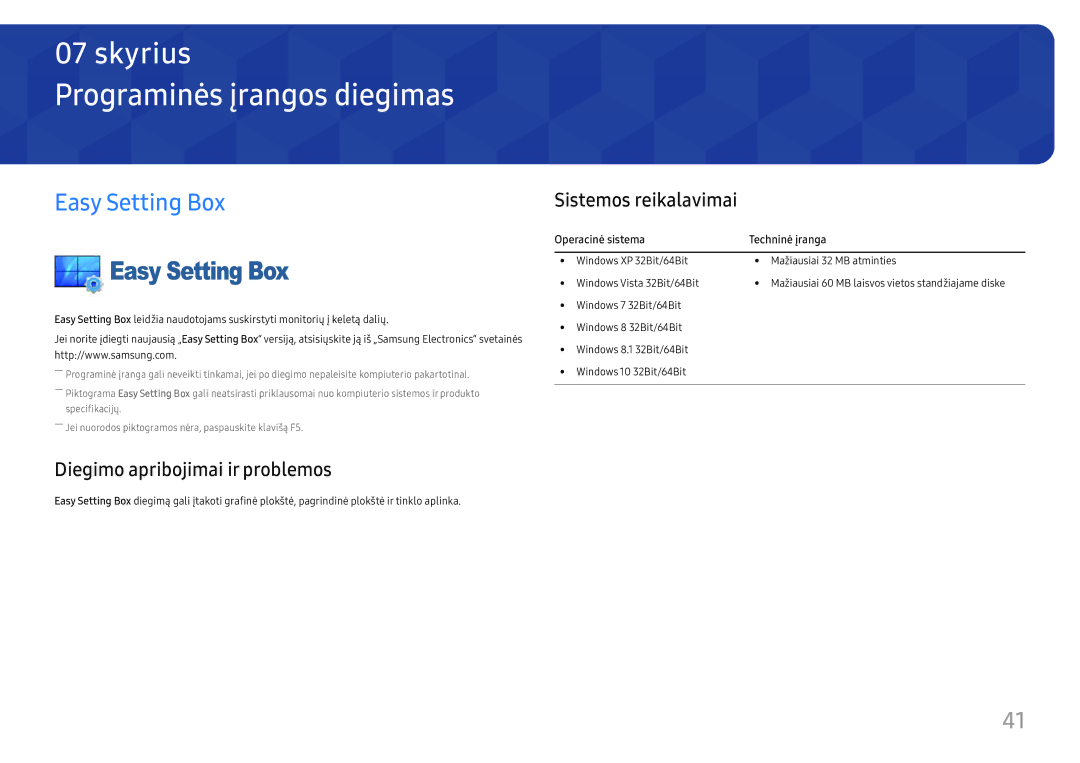 Samsung LC27H800FCUXEN manual Programinės įrangos diegimas, Easy Setting Box, Diegimo apribojimai ir problemos 