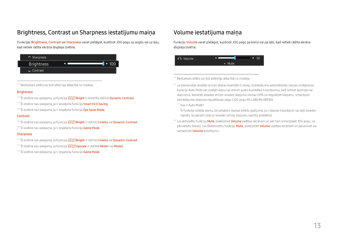 Samsung LC27H800FCUXEN manual Brightness, Contrast un Sharpness iestatījumu maiņa, Volume iestatījuma maiņa 