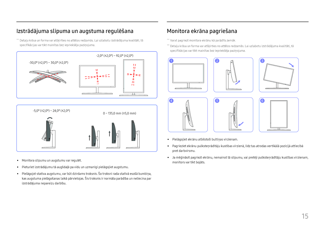 Samsung LC27H800FCUXEN manual Izstrādājuma slīpuma un augstuma regulēšana, Monitora ekrāna pagriešana 