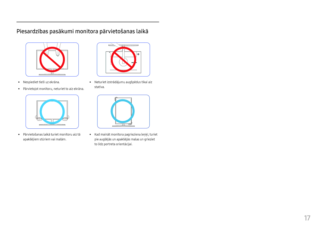 Samsung LC27H800FCUXEN manual Piesardzības pasākumi monitora pārvietošanas laikā 