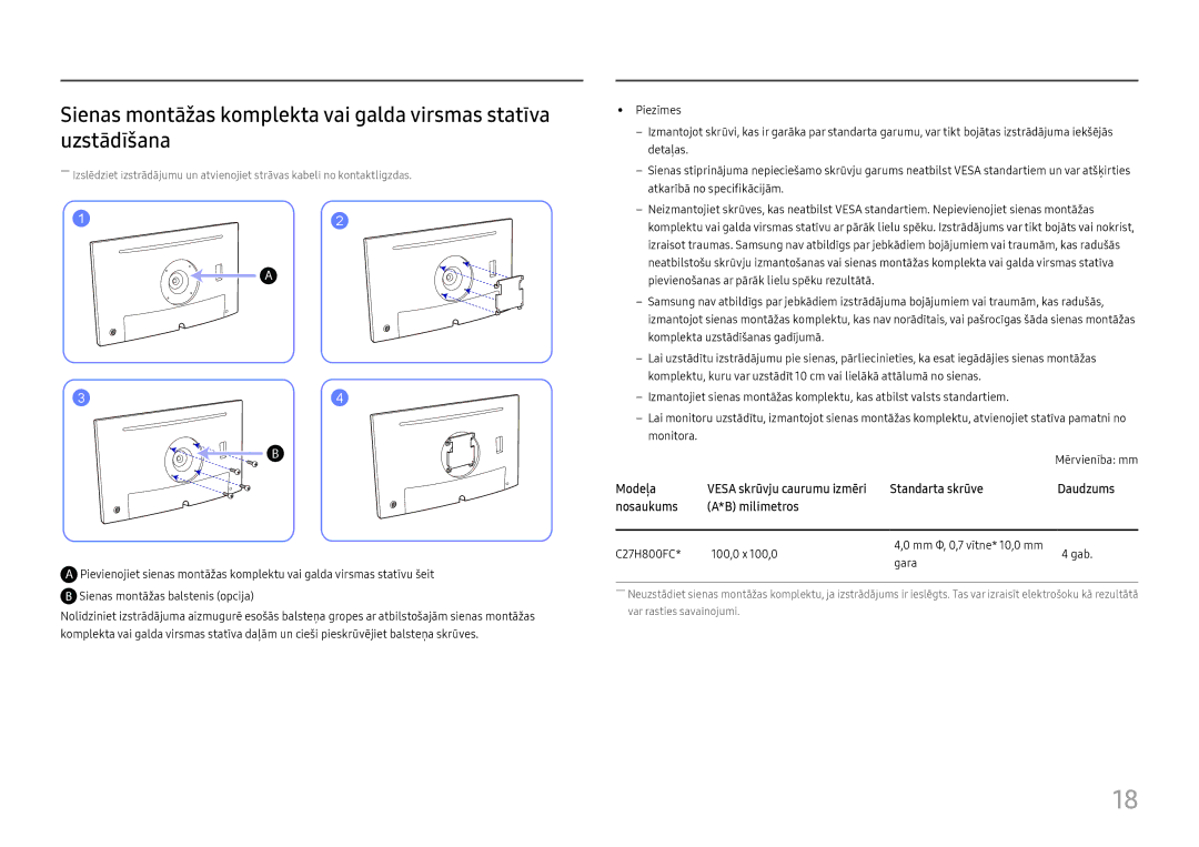 Samsung LC27H800FCUXEN manual C27H800FC 100,0 x 100,0 Mm Φ, 0,7 vītne* 10,0 mm Gab Gara 