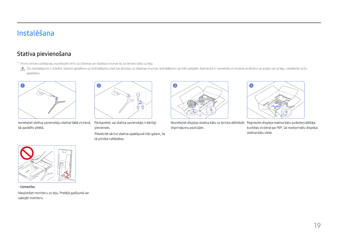 Samsung LC27H800FCUXEN manual Instalēšana, Statīva pievienošana, Uzmanību 