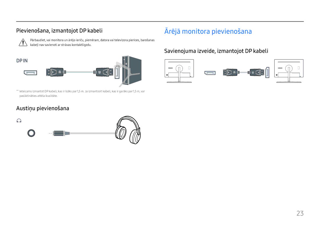 Samsung LC27H800FCUXEN manual Ārējā monitora pievienošana, Pievienošana, izmantojot DP kabeli, Austiņu pievienošana 