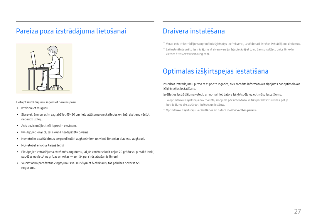 Samsung LC27H800FCUXEN Pareiza poza izstrādājuma lietošanai, Draivera instalēšana, Optimālas izšķirtspējas iestatīšana 