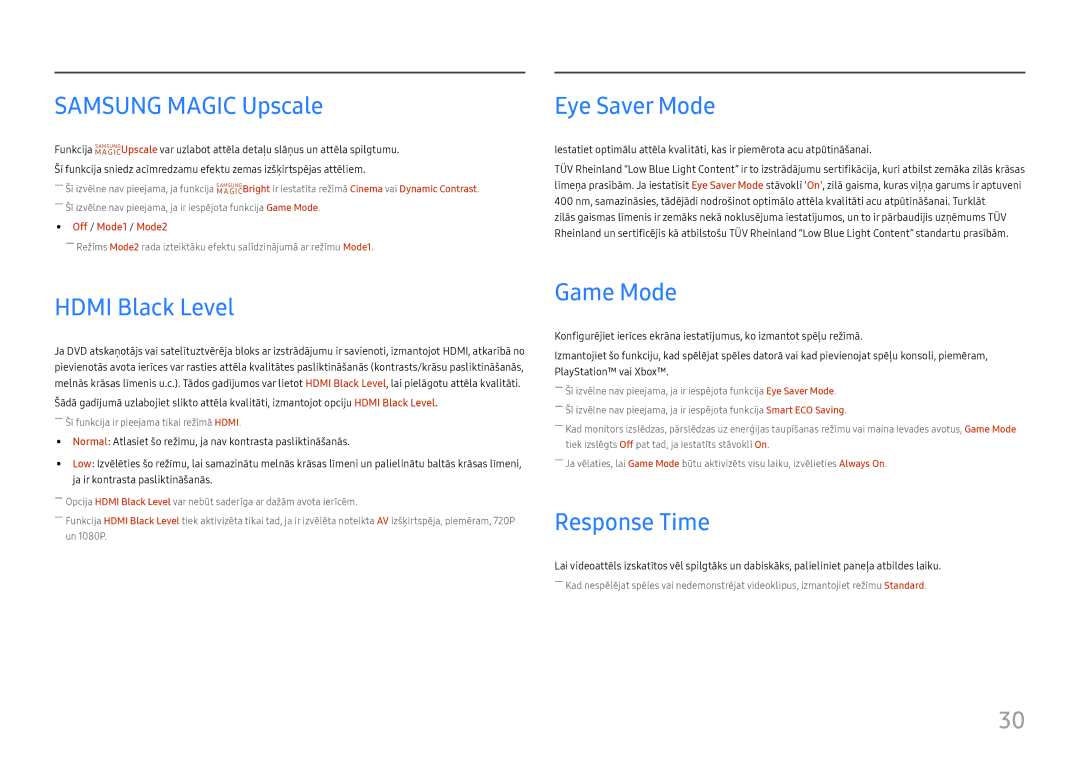 Samsung LC27H800FCUXEN manual Samsung Magic Upscale, Eye Saver Mode, Hdmi Black Level, Game Mode, Response Time 