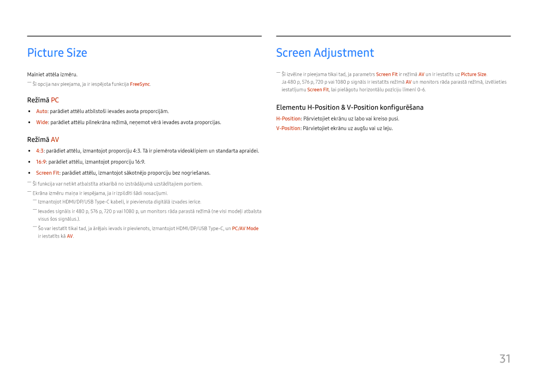 Samsung LC27H800FCUXEN manual Picture Size, Screen Adjustment 