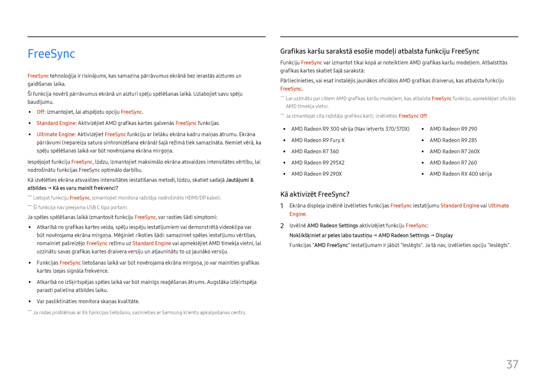 Samsung LC27H800FCUXEN manual Kā aktivizēt FreeSync? 