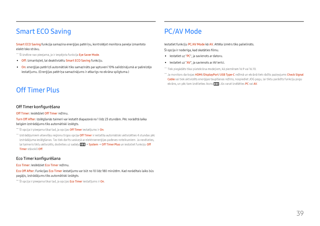 Samsung LC27H800FCUXEN manual Smart ECO Saving, Off Timer Plus, PC/AV Mode 