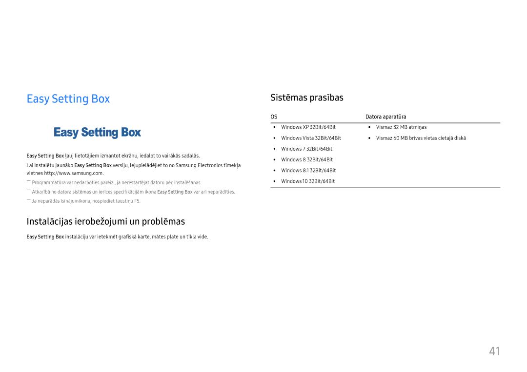 Samsung LC27H800FCUXEN manual Programmatūras instalēšana, Easy Setting Box, Instalācijas ierobežojumi un problēmas 