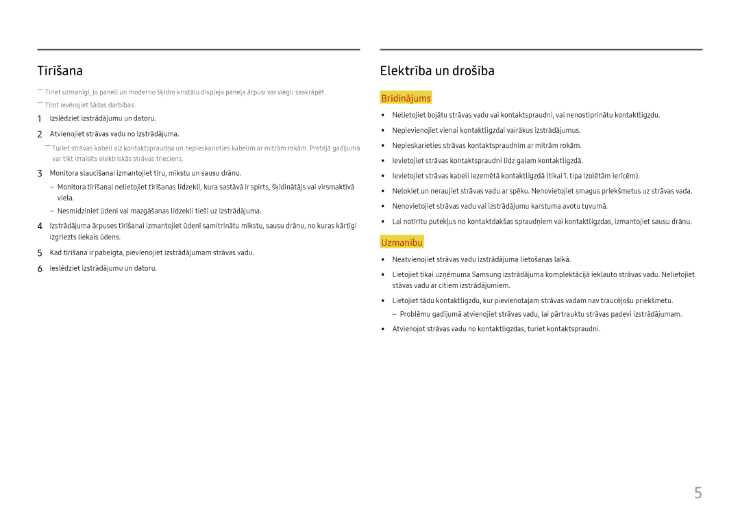 Samsung LC27H800FCUXEN manual Tīrīšana, Elektrība un drošība 