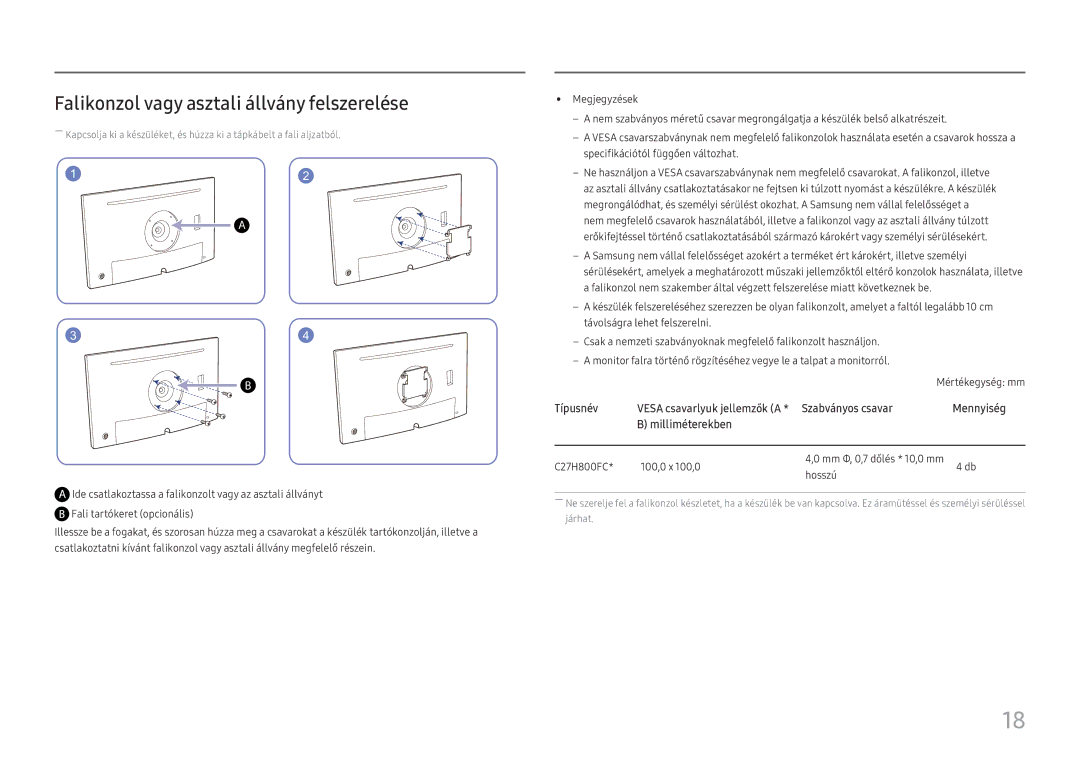 Samsung LC27H800FCUXEN manual Falikonzol vagy asztali állvány felszerelése, Szabványos csavar Mennyiség Milliméterekben 