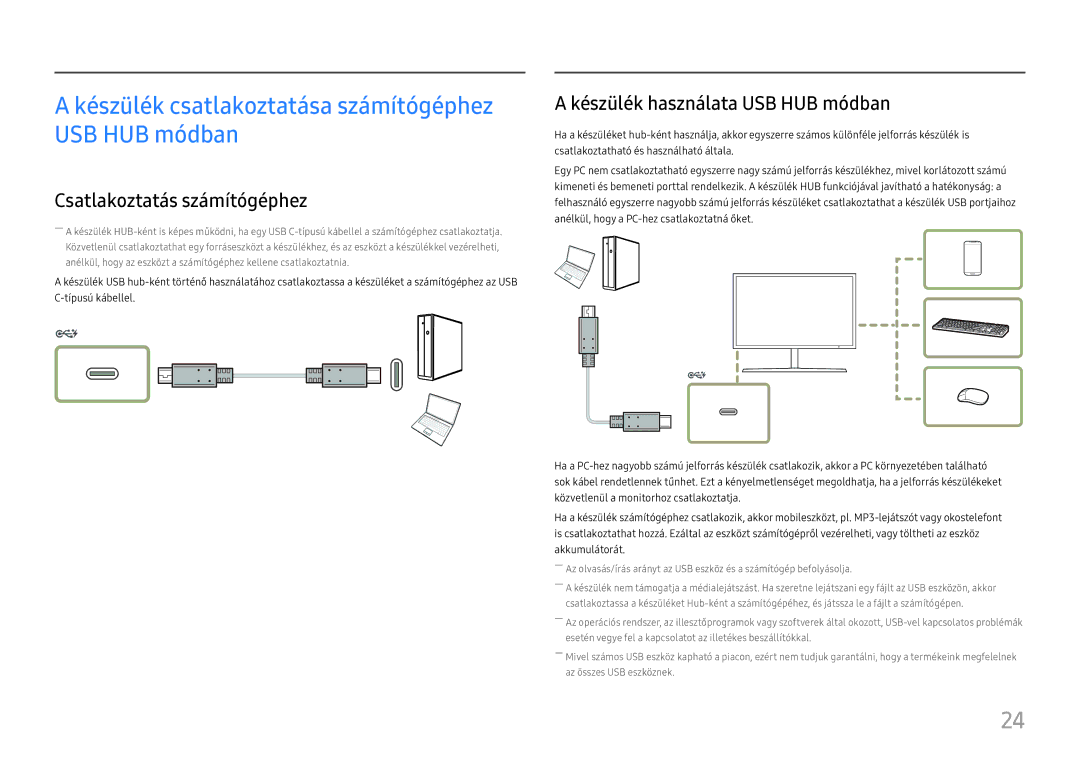 Samsung LC27H800FCUXEN manual Készülék csatlakoztatása számítógéphez USB HUB módban, Csatlakoztatás számítógéphez 