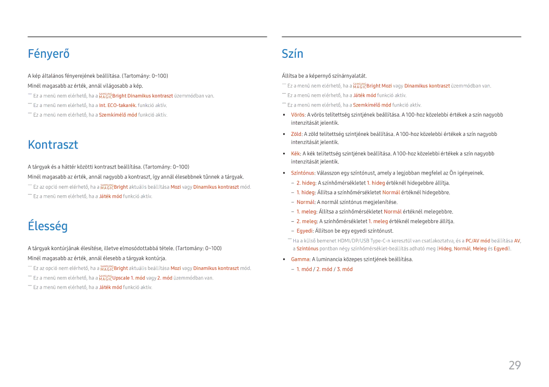 Samsung LC27H800FCUXEN manual Fényerő, Kontraszt, Élesség, Szín 